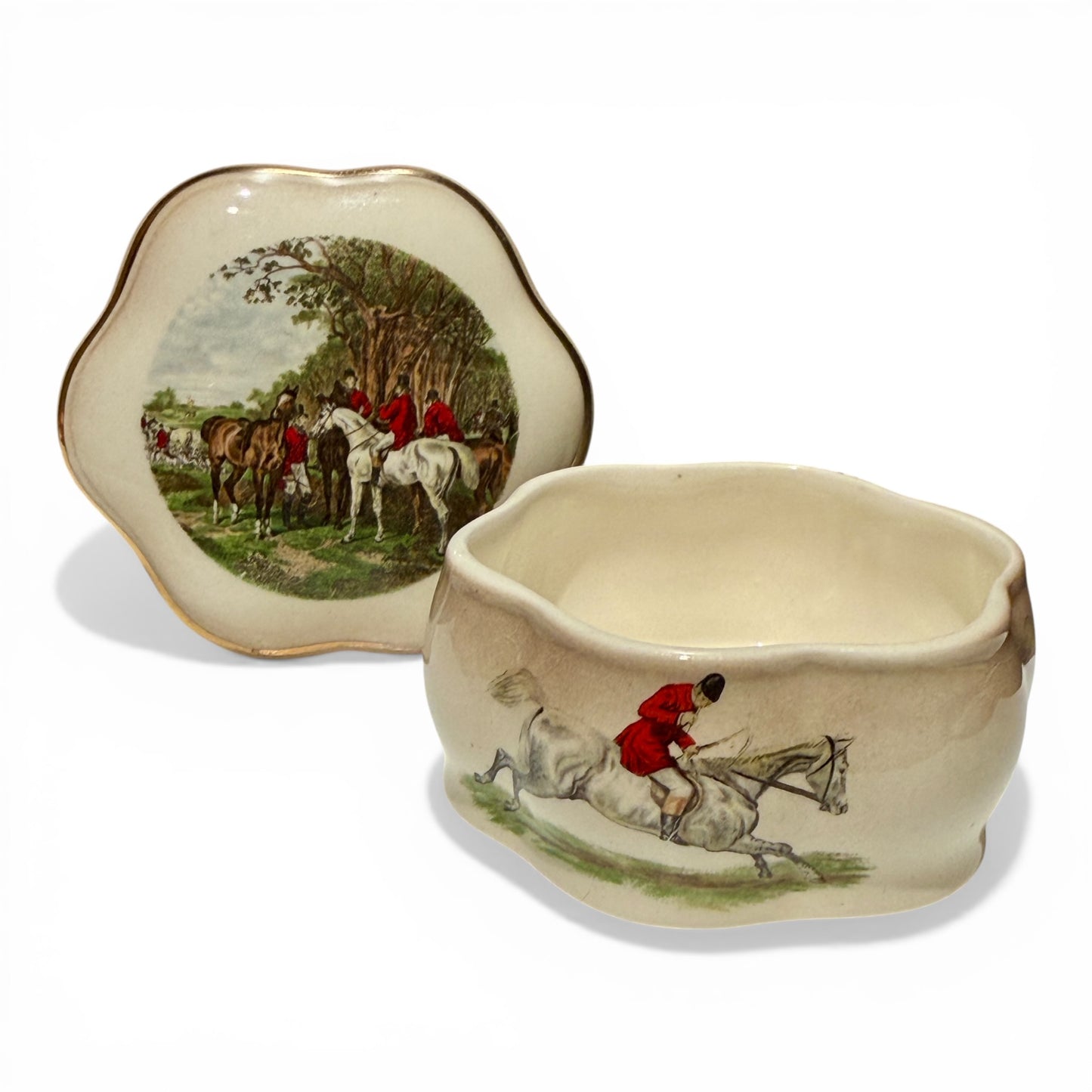 Vintage Palissy Royal Worcester English Porcelain Fox Hunting Trinket Box