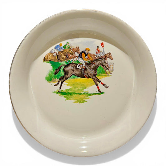 Vintage English Steeplechase Horse Racing Stoneware Plate with 22 Carat Gold Accent
