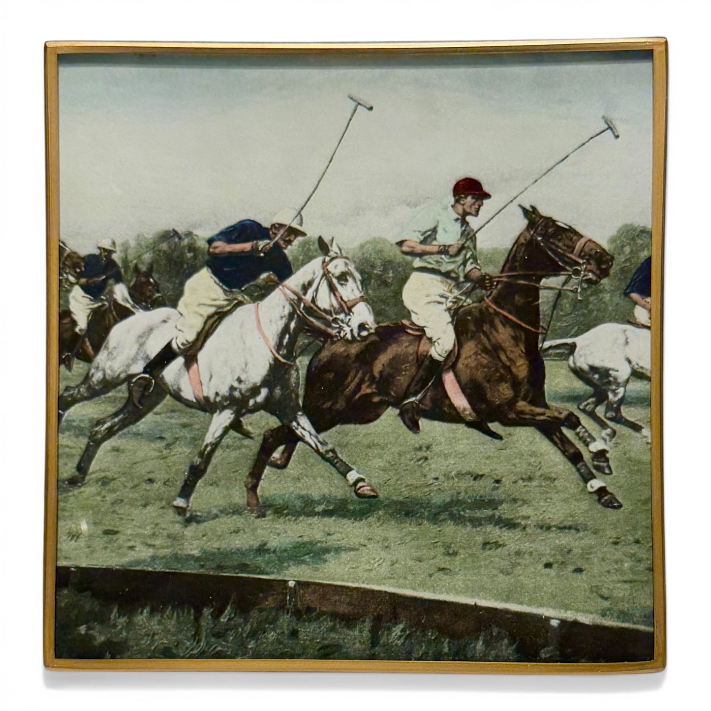 Vintage Polo Scene Glass Trinket Dish with Gold Trim