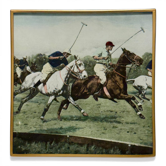 Vintage Polo Scene Glass Trinket Dish with Gold Trim