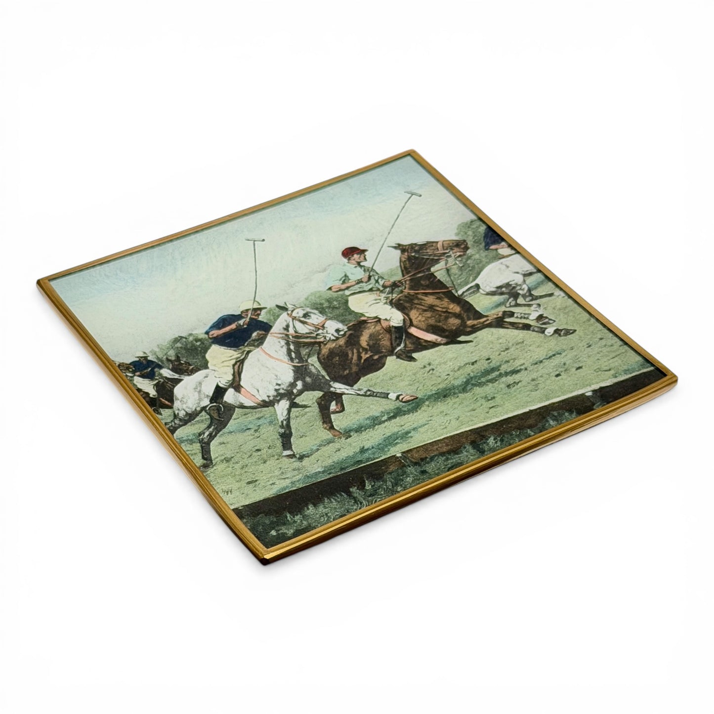 Vintage Polo Scene Glass Trinket Dish with Gold Trim