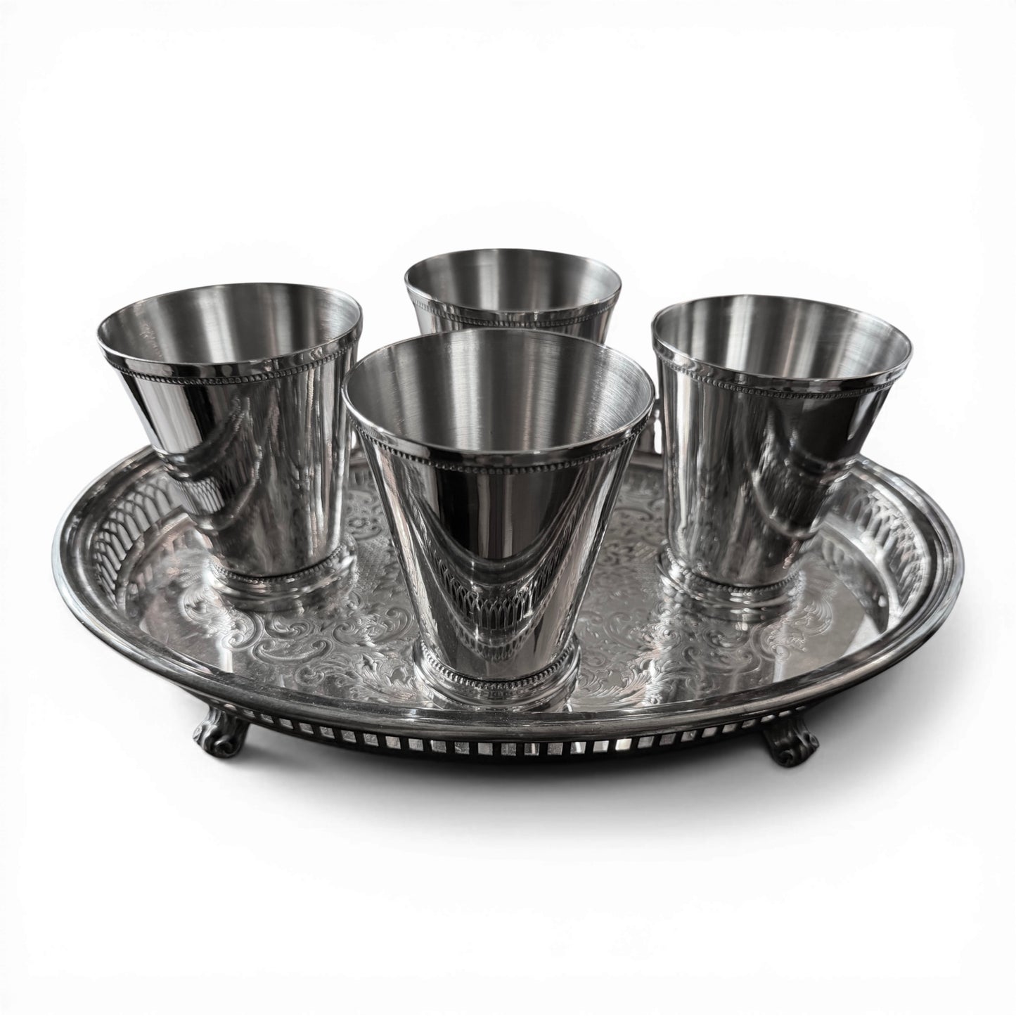 Vintage Beaded Rim Silver Julep Cups & Footed Oval Tray - Set