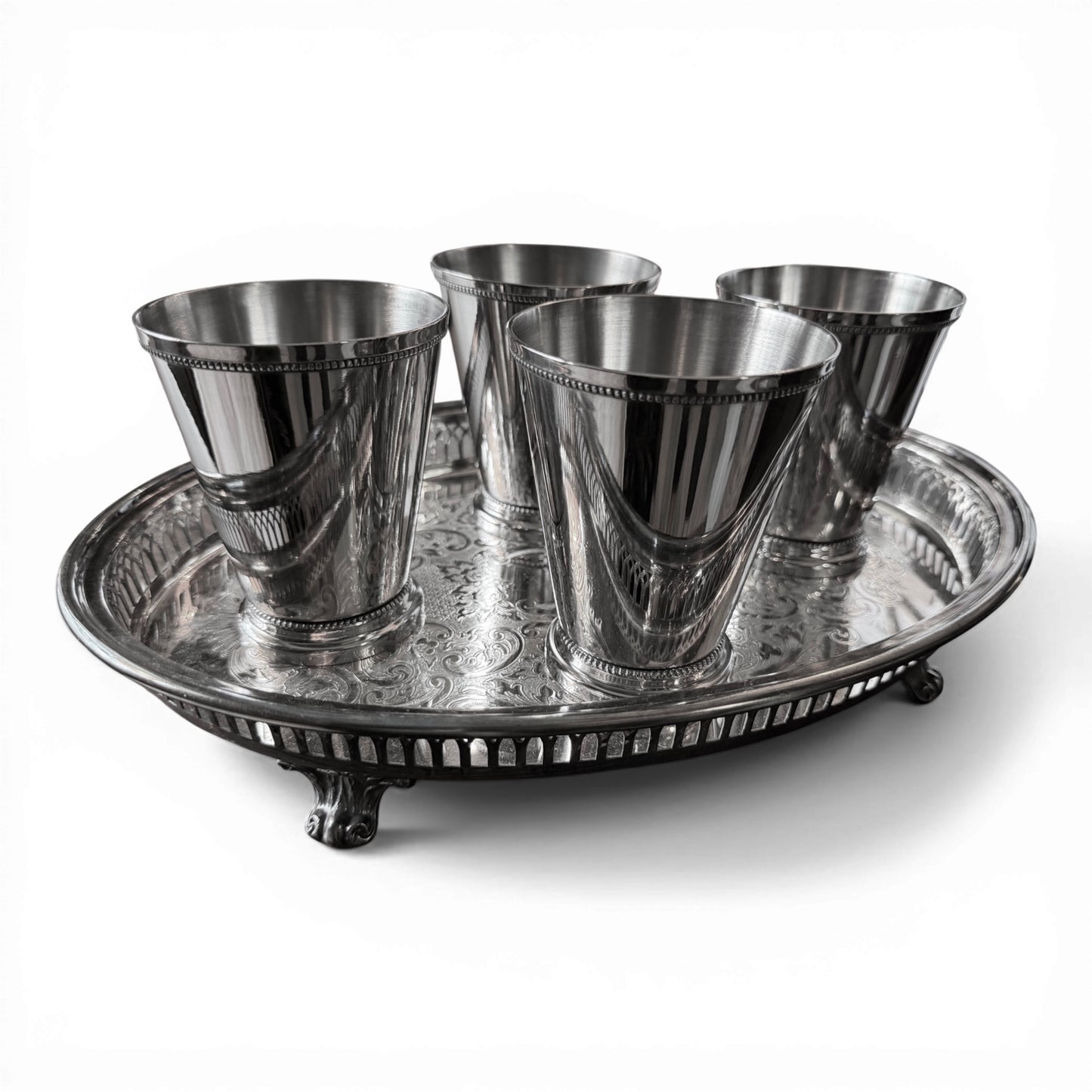 Vintage Beaded Rim Silver Julep Cups & Footed Oval Tray - Set