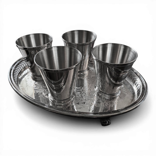 Vintage Beaded Rim Silver Julep Cups & Footed Oval Tray - Set