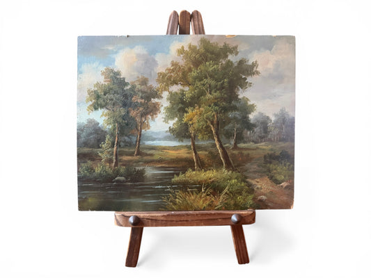 Antique English Pastoral Landscape Oil Painting on Board with Wooden Easel