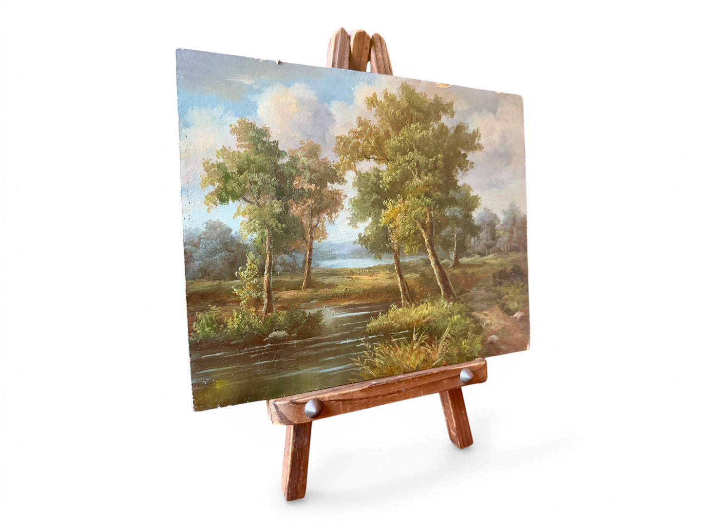 Antique English Pastoral Landscape Oil Painting on Board with Wooden Easel