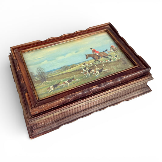 Antique Oak Fox Hunting Hinged Trinket Box