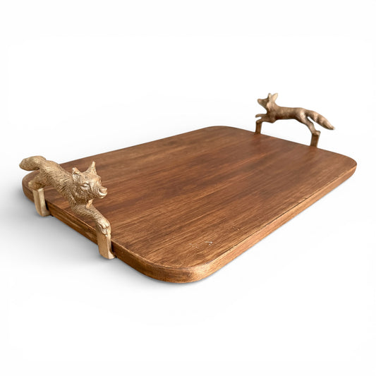 Vintage Oak Serving Tray with Brass Fox Handles