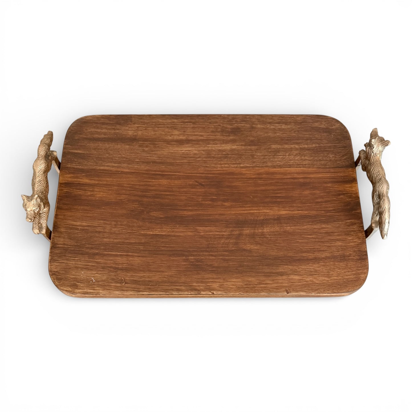 Vintage Oak Serving Tray with Brass Fox Handles