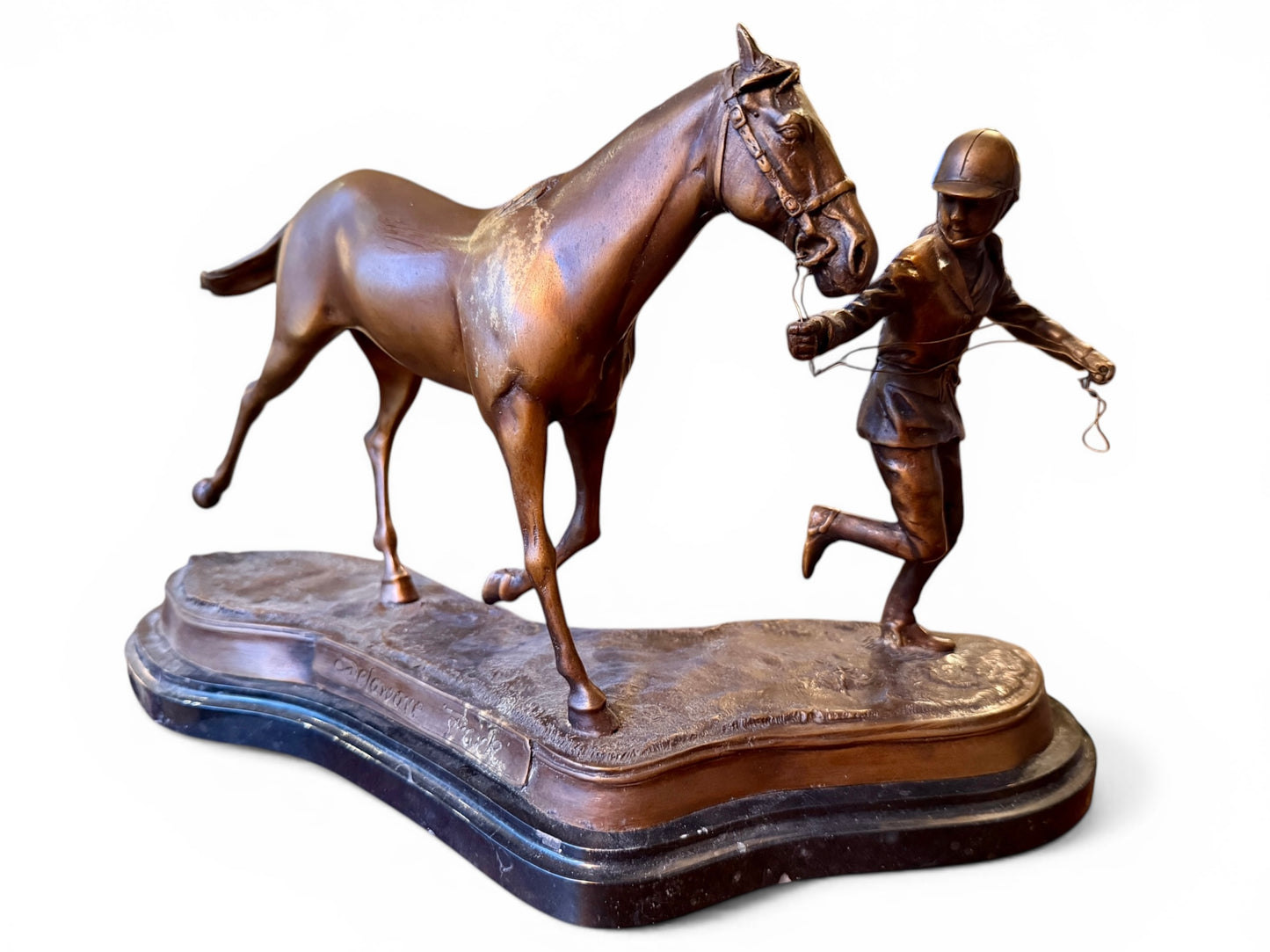 Vintage Solid Bronze Horse & Rider Sculpture on Marble Base