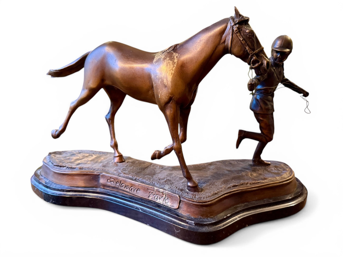 Vintage Solid Bronze Horse & Rider Sculpture on Marble Base