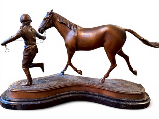 Vintage Solid Bronze Horse & Rider Sculpture on Marble Base