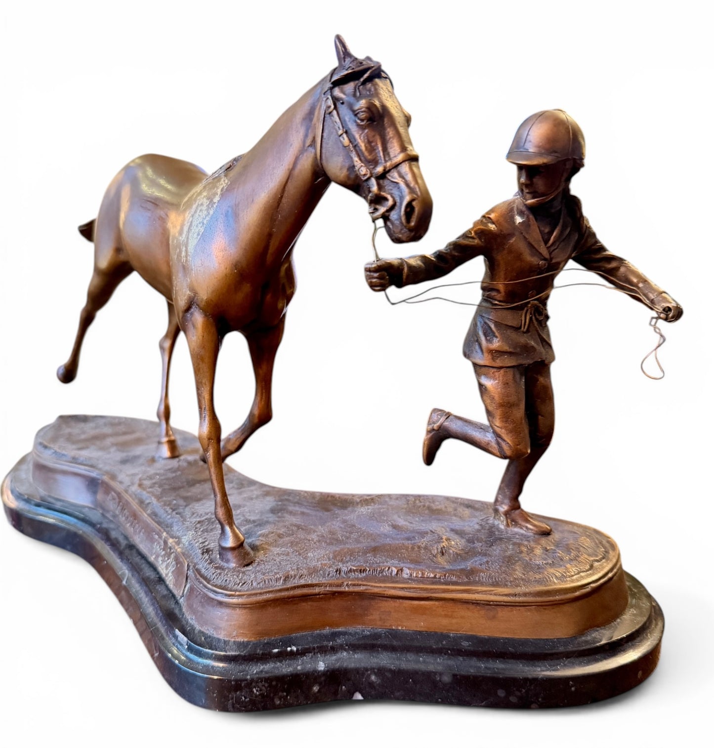 Vintage Solid Bronze Horse & Rider Sculpture on Marble Base