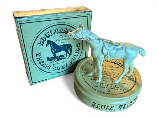 Vintage Bootmaster Cream Boot Polish Tin with Original Box & Cast Metal Horse Figurine