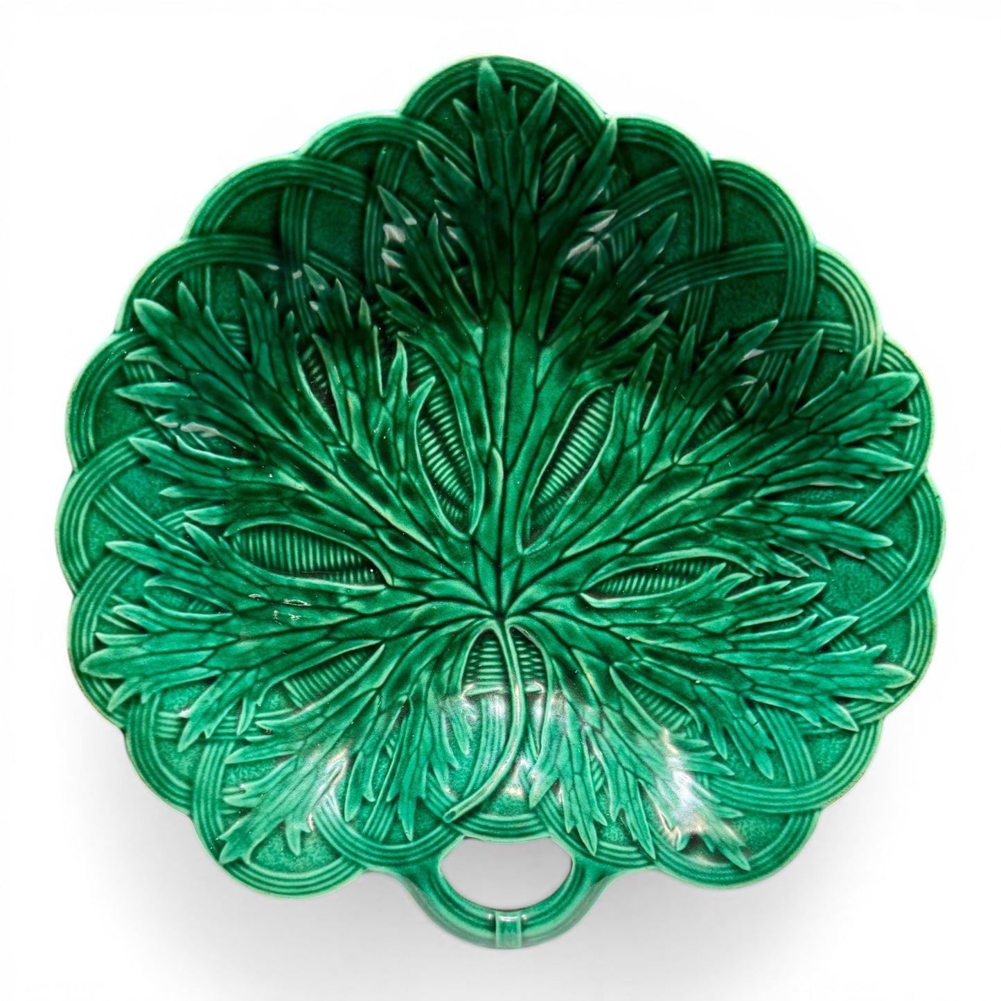 Antique English Majolica Leaf Plate in Emerald Glaze