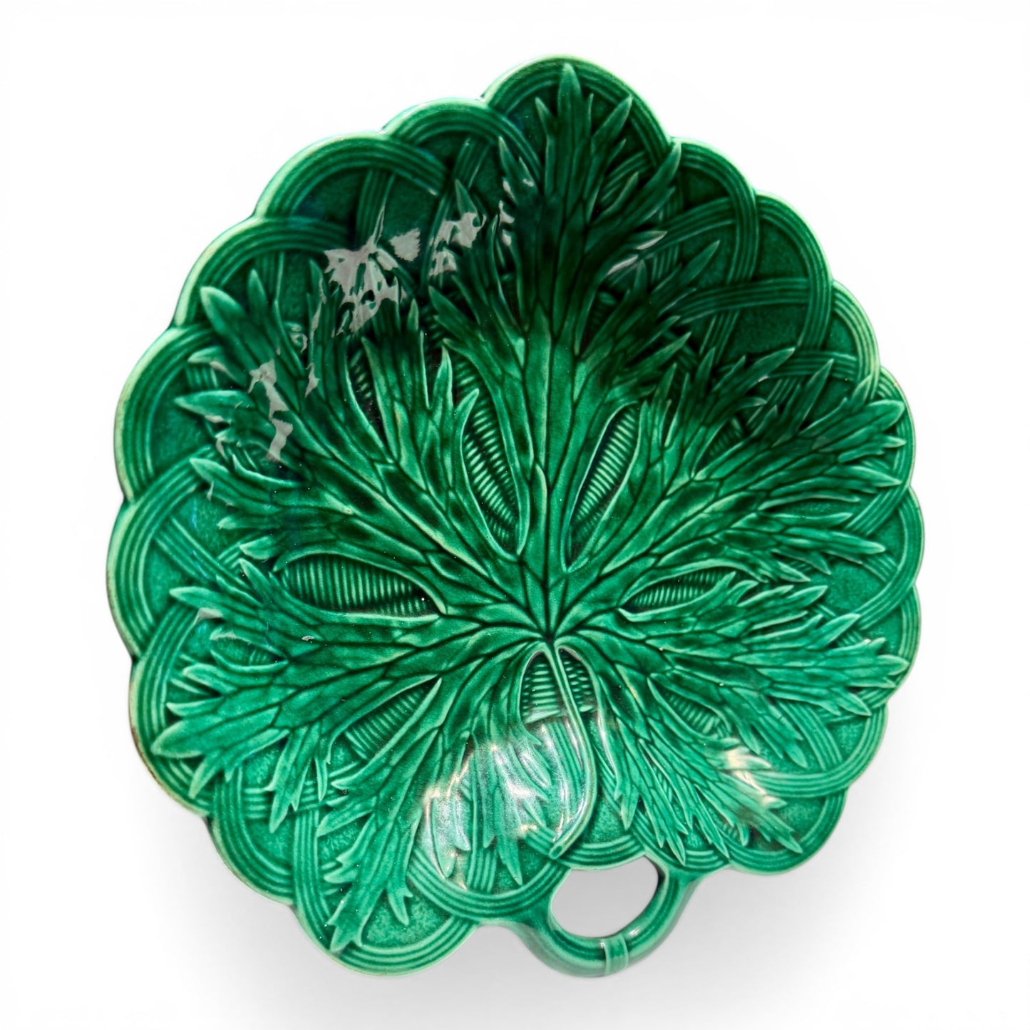 Antique English Majolica Leaf Plate in Emerald Glaze