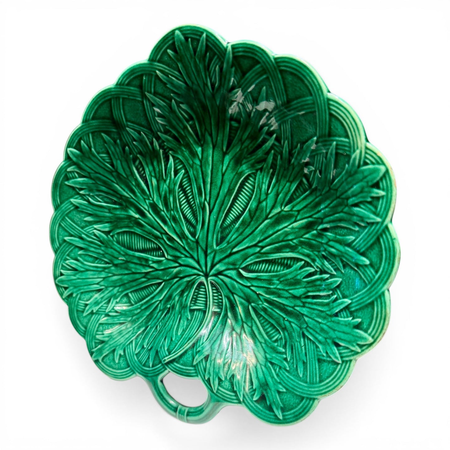 Antique English Majolica Leaf Plate in Emerald Glaze