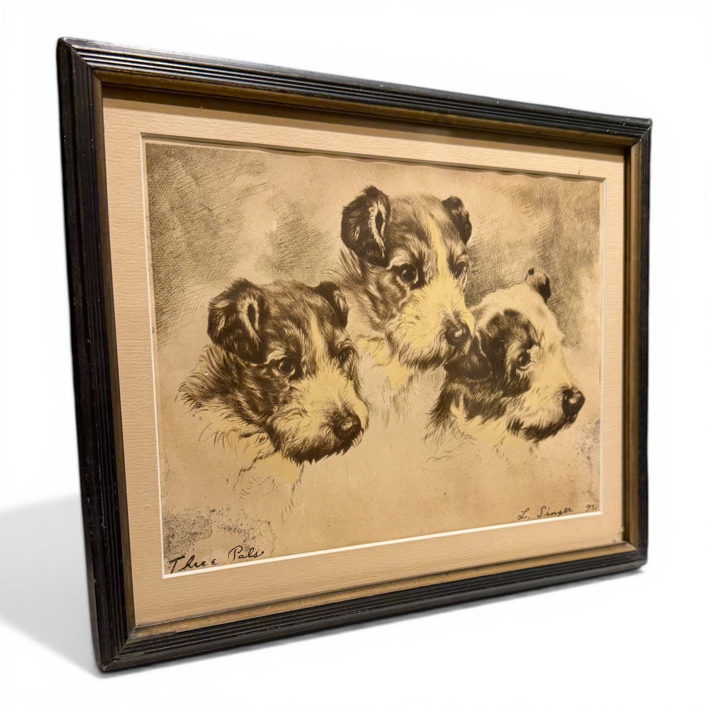 Vintage Framed “Three Pals” Terrier Lithograph