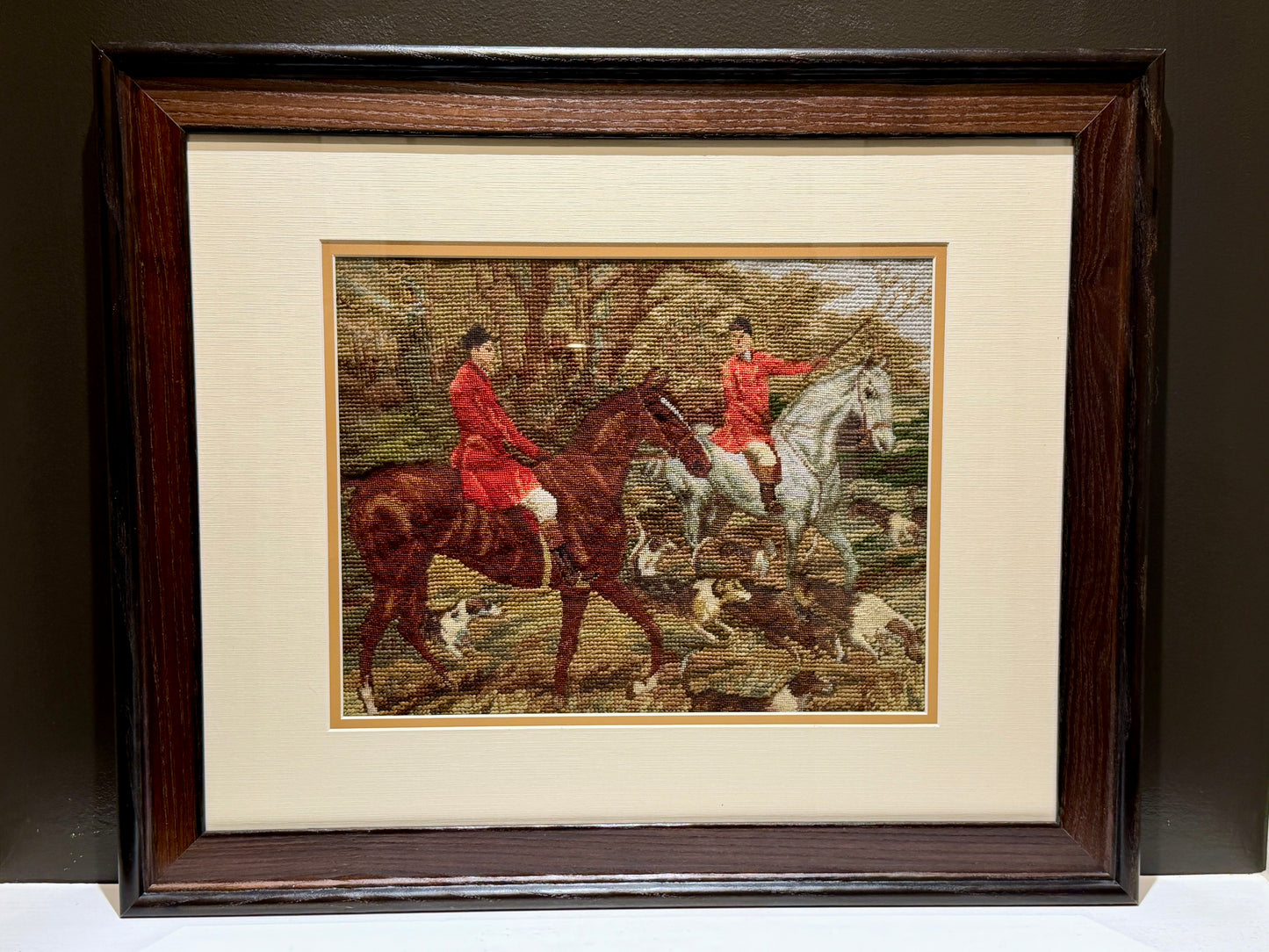 Antique Framed Fox Hunt Needlepoint