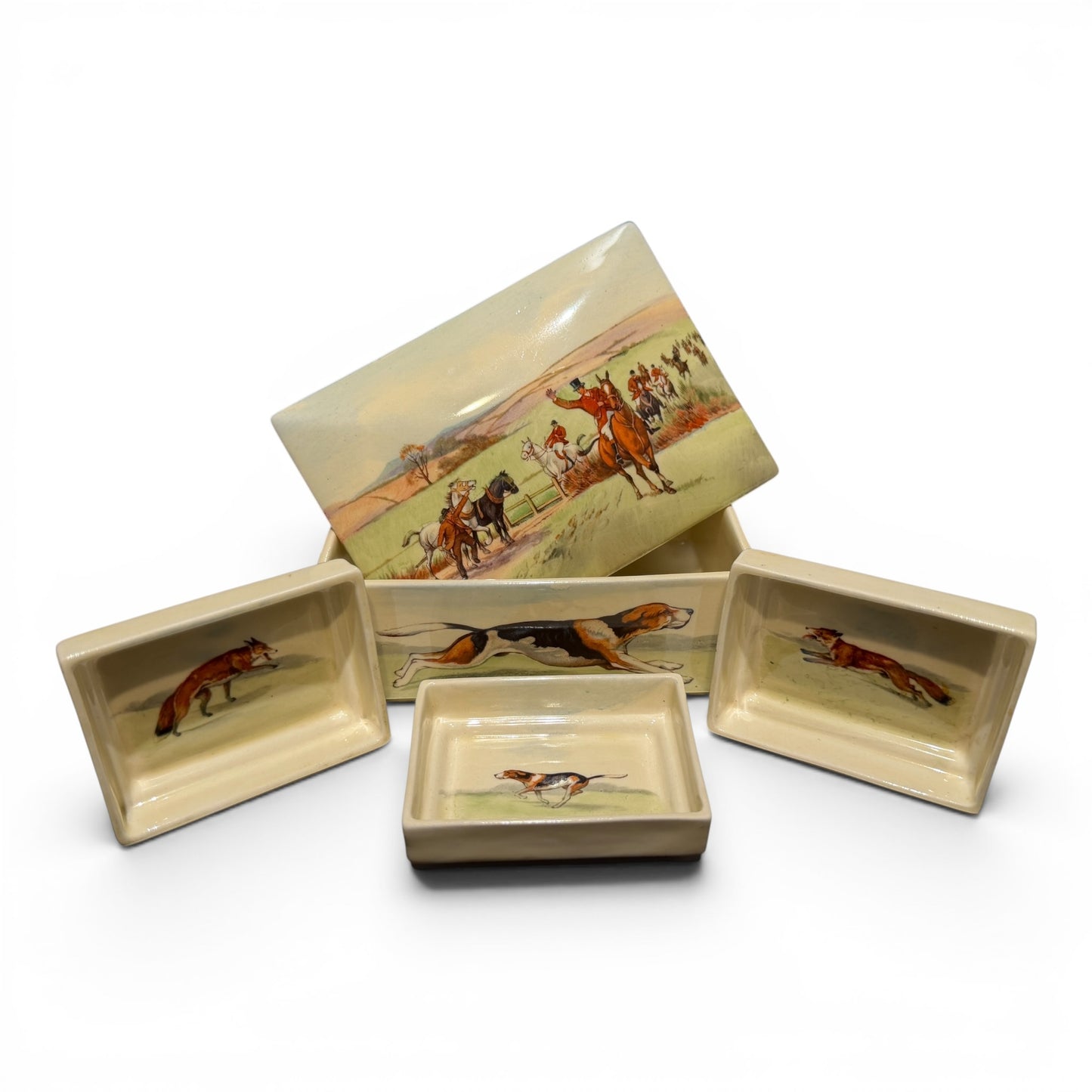 Antique Royal Doulton Fox Hunting Trinket Box & Tray Set