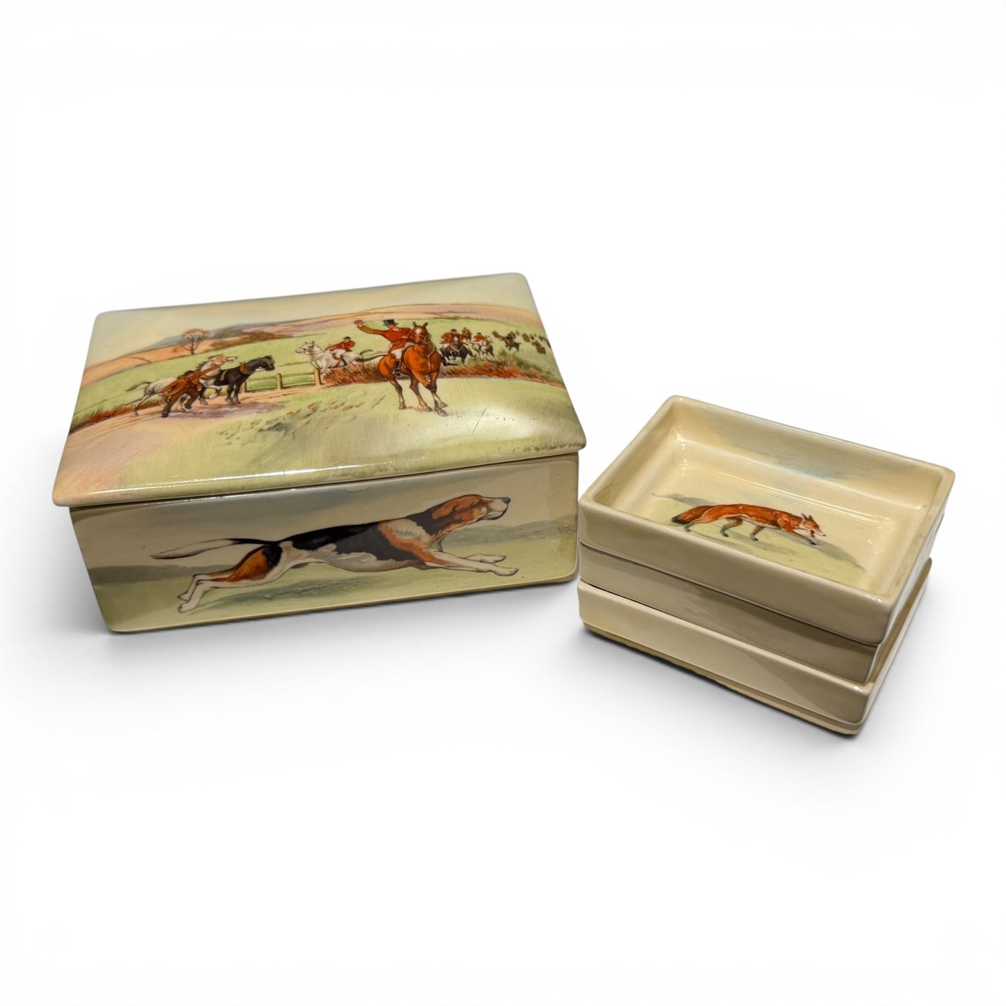 Antique Royal Doulton Fox Hunting Trinket Box & Tray Set