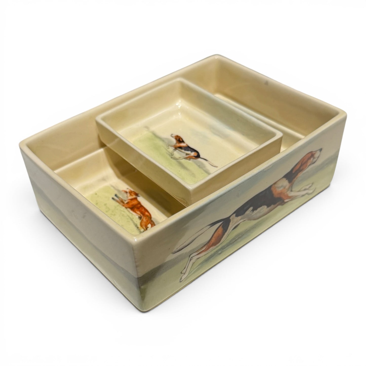 Antique Royal Doulton Fox Hunting Trinket Box & Tray Set