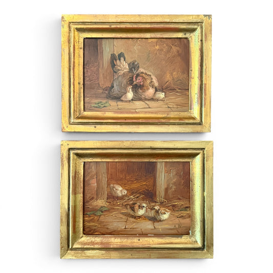 Pair of Original Oil Paintings of Hen & Chicks by Artist Anthony Barham, Middleburg, VA