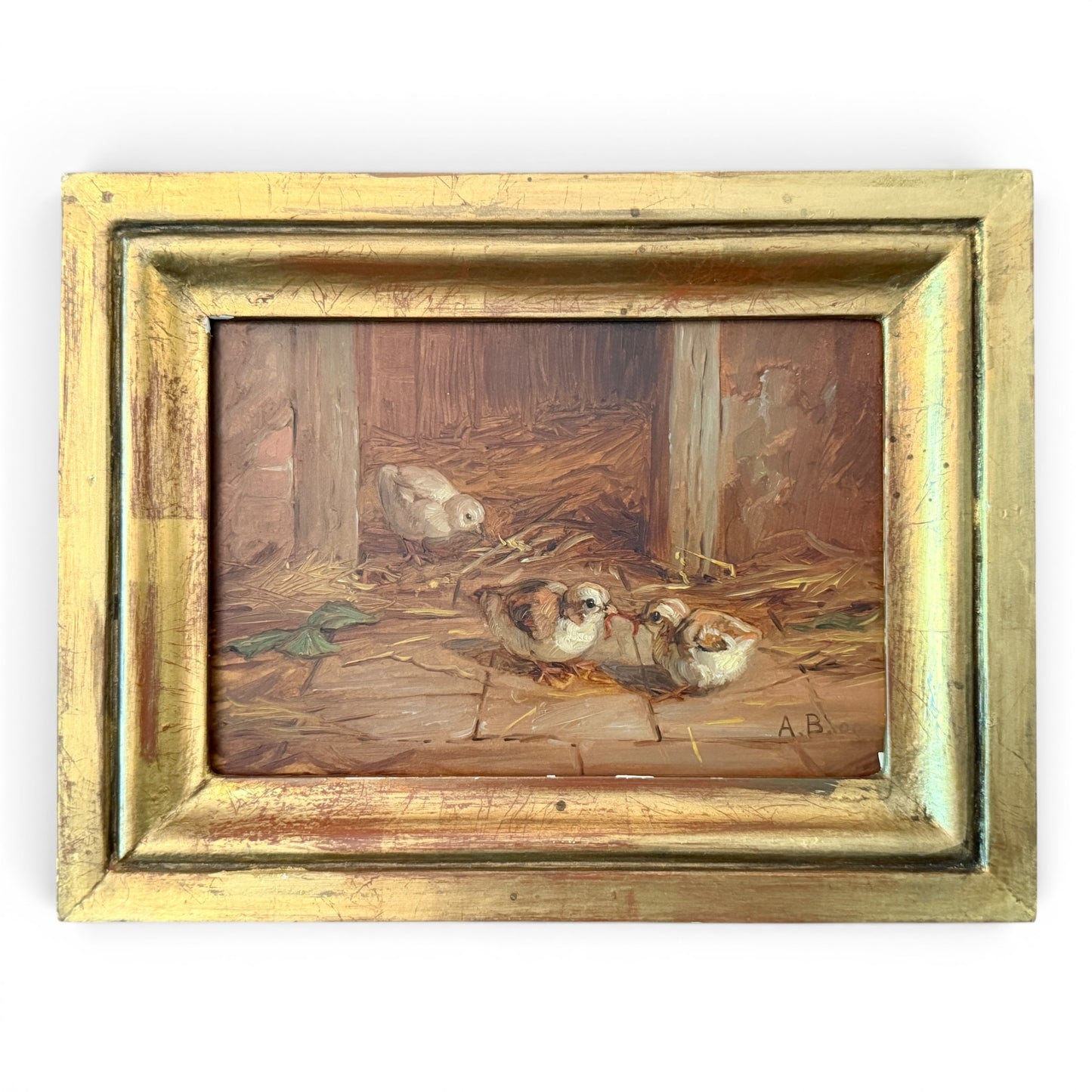 Pair of Original Oil Paintings of Hen & Chicks by Artist Anthony Barham, Middleburg, VA