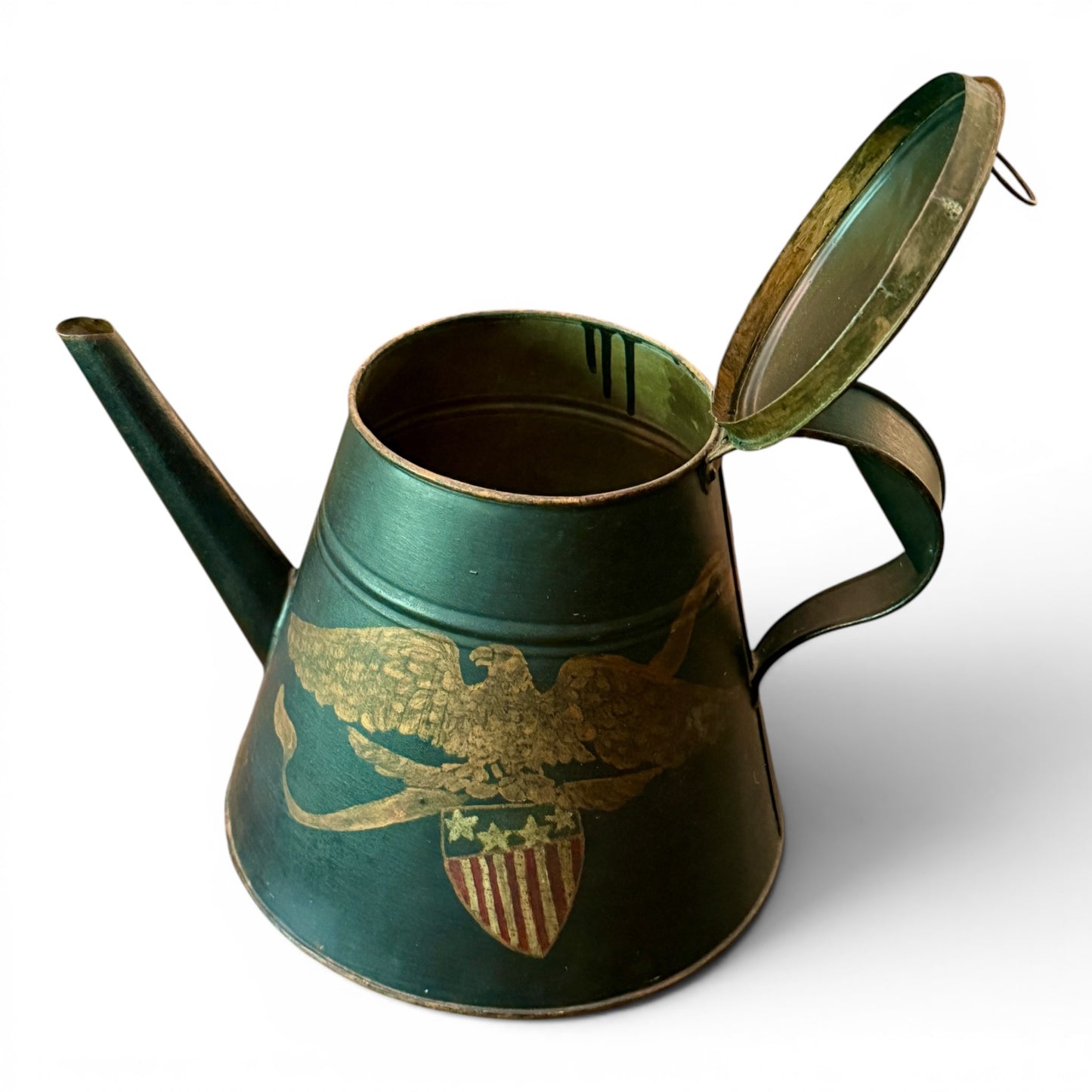 Antique Americana Painted Toleware Metal Watering Kettle