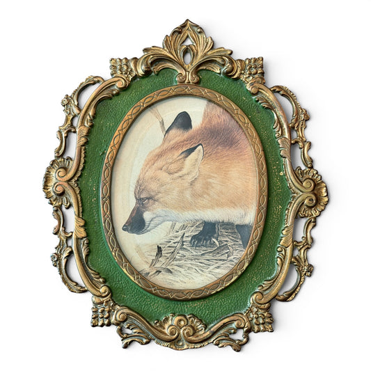 Red Fox Lithograph in Ornate Solid Brass Frame