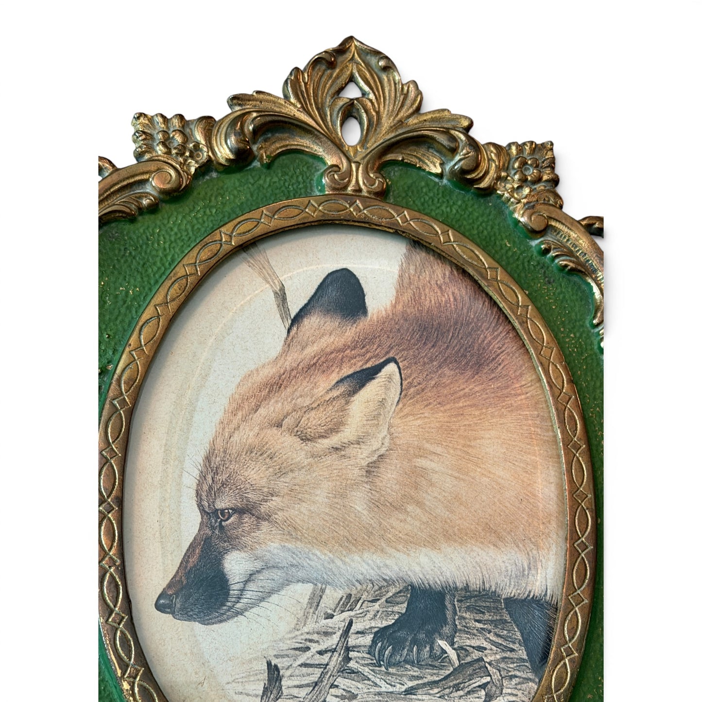 Red Fox Lithograph in Ornate Solid Brass Frame