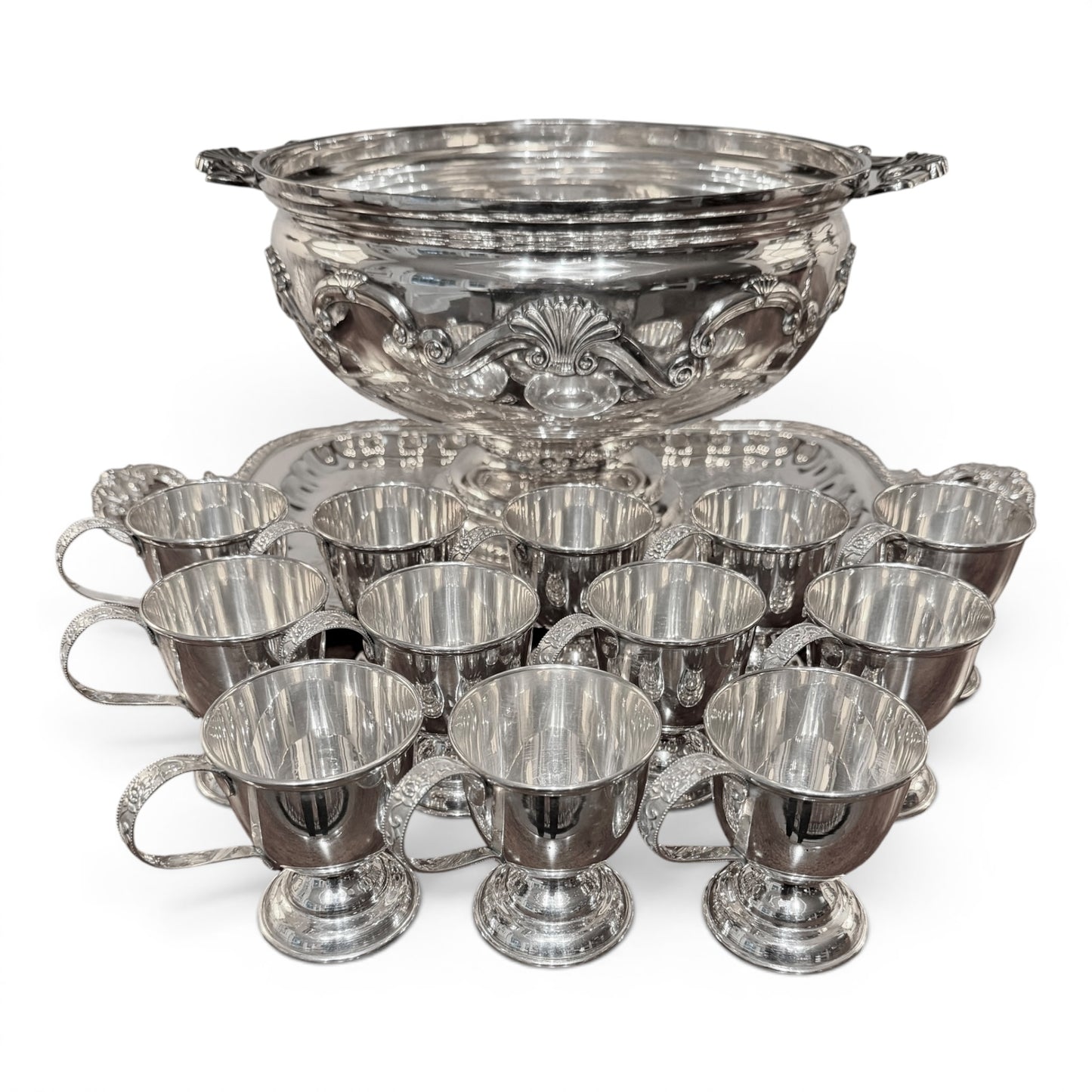 Vintage Silver Punch Bowl Set with 12 Cups & Ornate Handled Tray