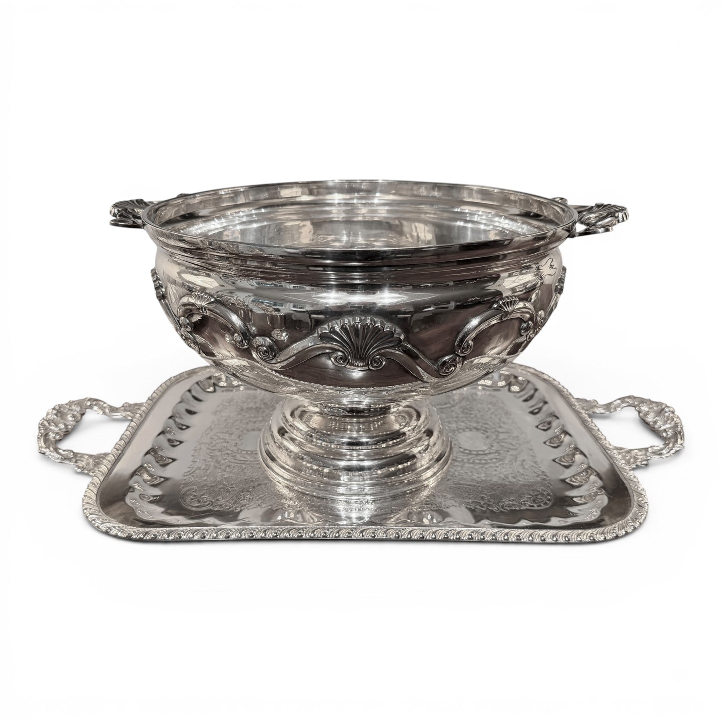 Vintage Silver Punch Bowl Set with 12 Cups & Ornate Handled Tray