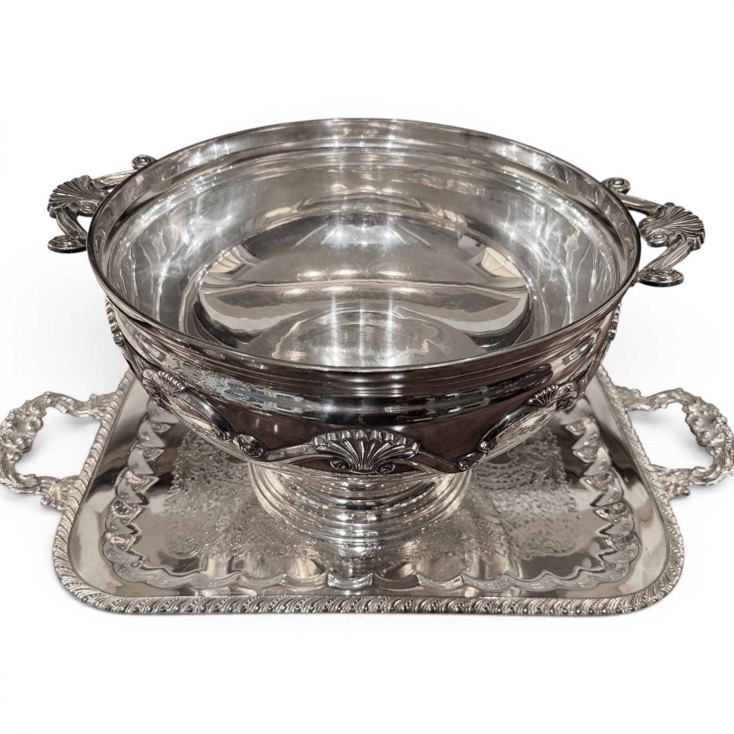 Vintage Silver Punch Bowl Set with 12 Cups & Ornate Handled Tray