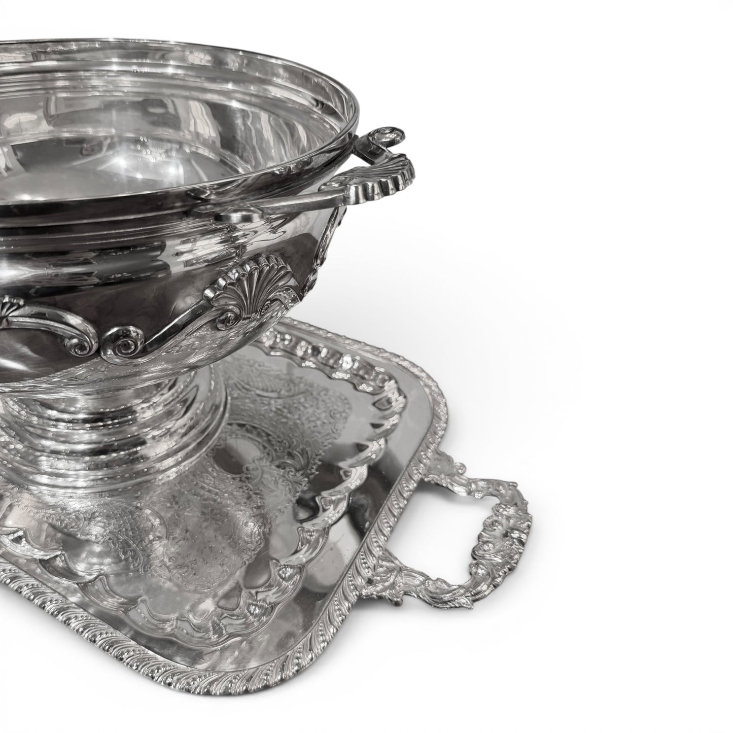 Vintage Silver Punch Bowl Set with 12 Cups & Ornate Handled Tray