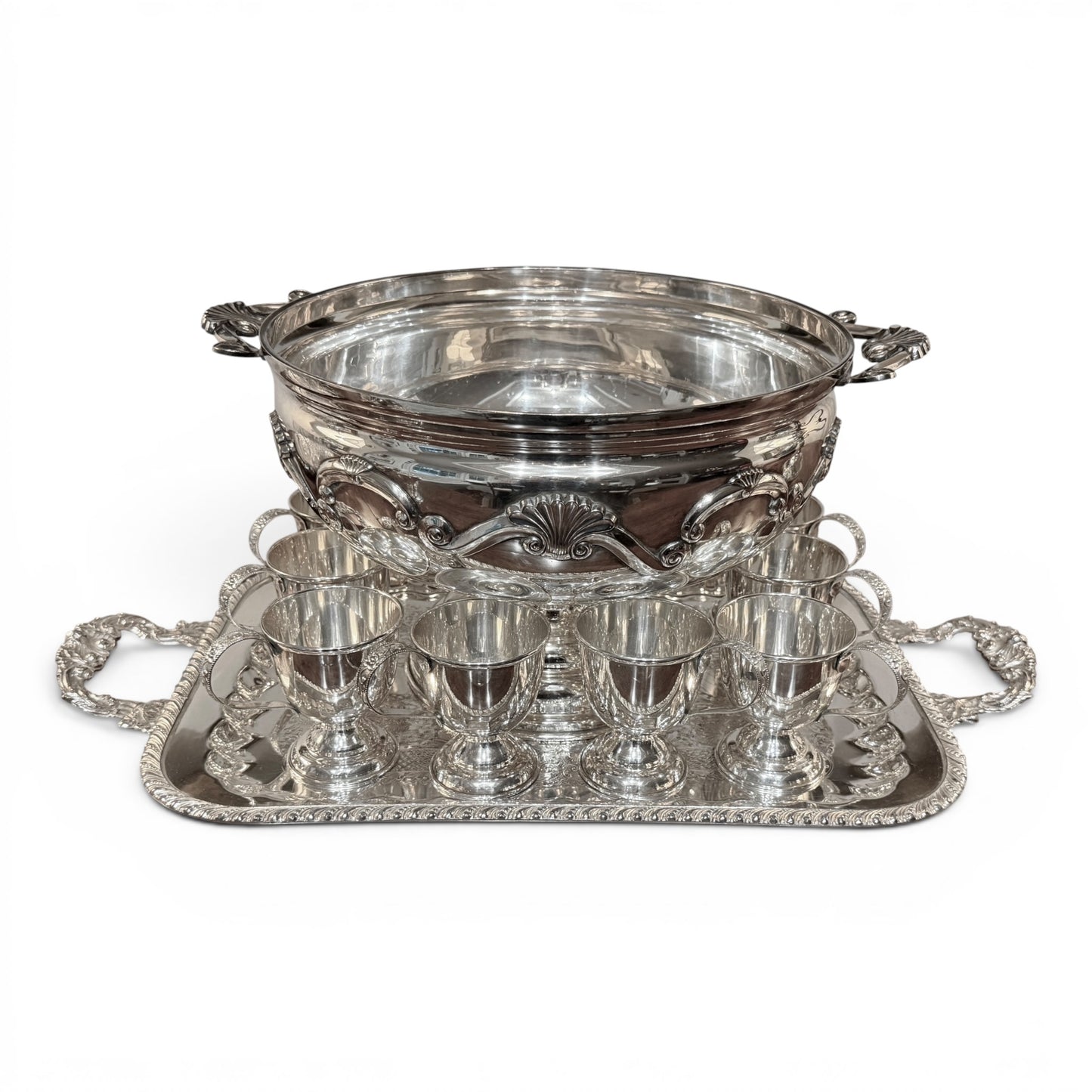 Vintage Silver Punch Bowl Set with 12 Cups & Ornate Handled Tray