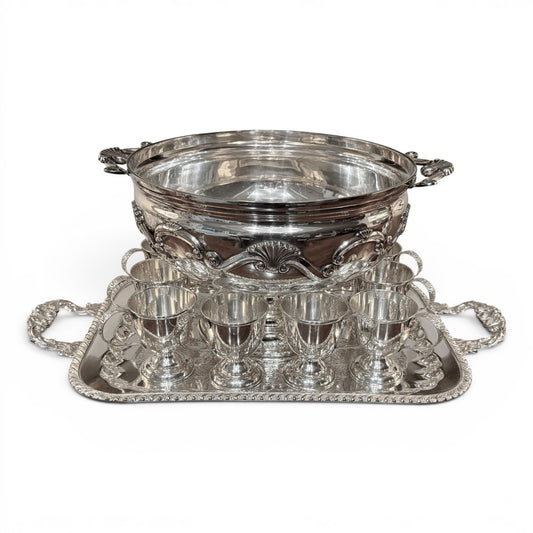 Vintage Silver Punch Bowl Set with 12 Cups & Ornate Handled Tray