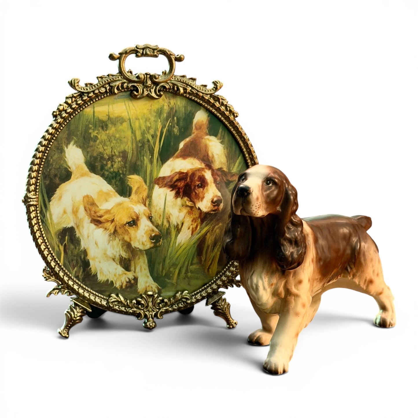 Antique Sporting Dog Vignette Set - Gilt Framed Hunting Spaniels Print & Porcelain Cocker Spaniel Figurine