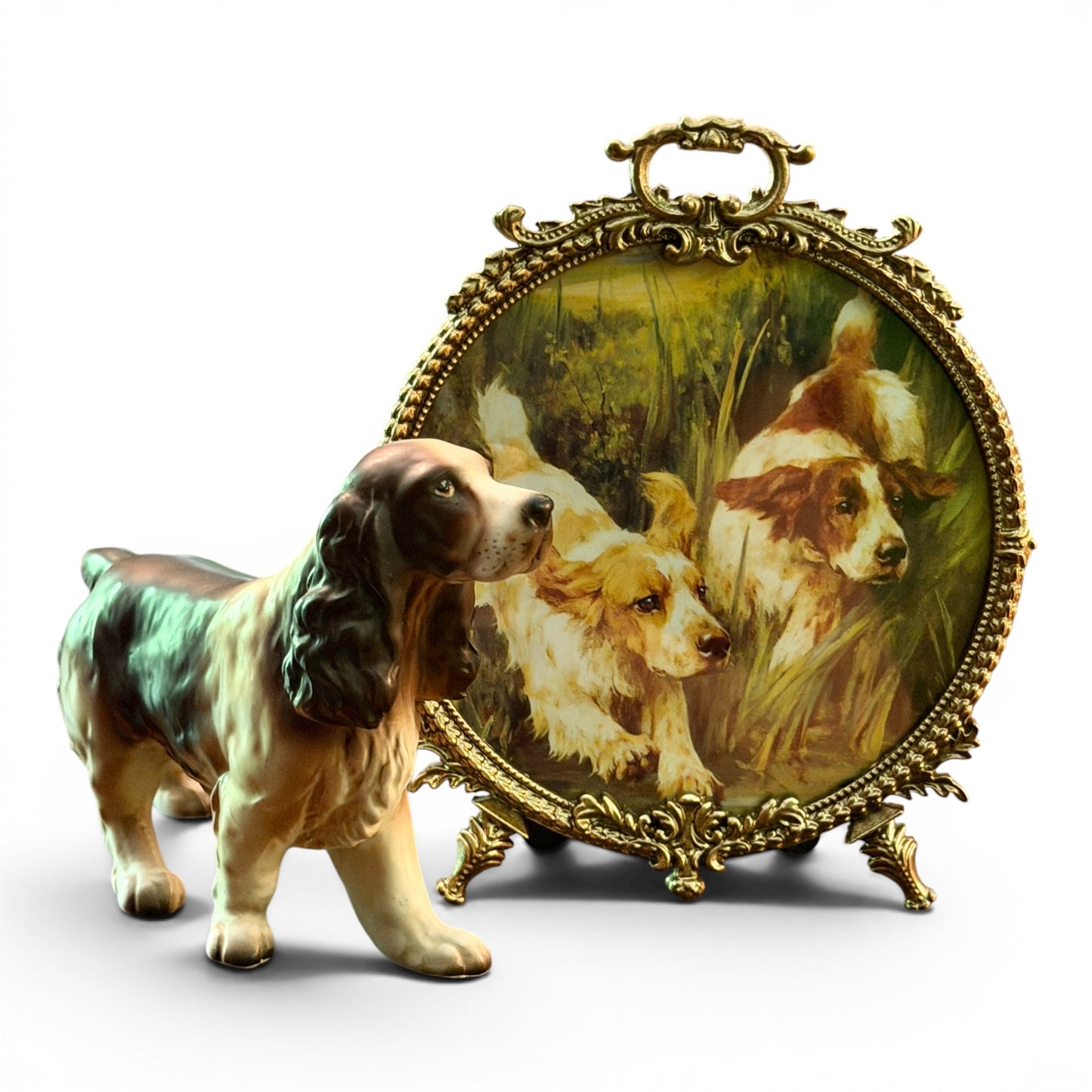 Antique Sporting Dog Vignette Set - Gilt Framed Hunting Spaniels Print & Porcelain Cocker Spaniel Figurine