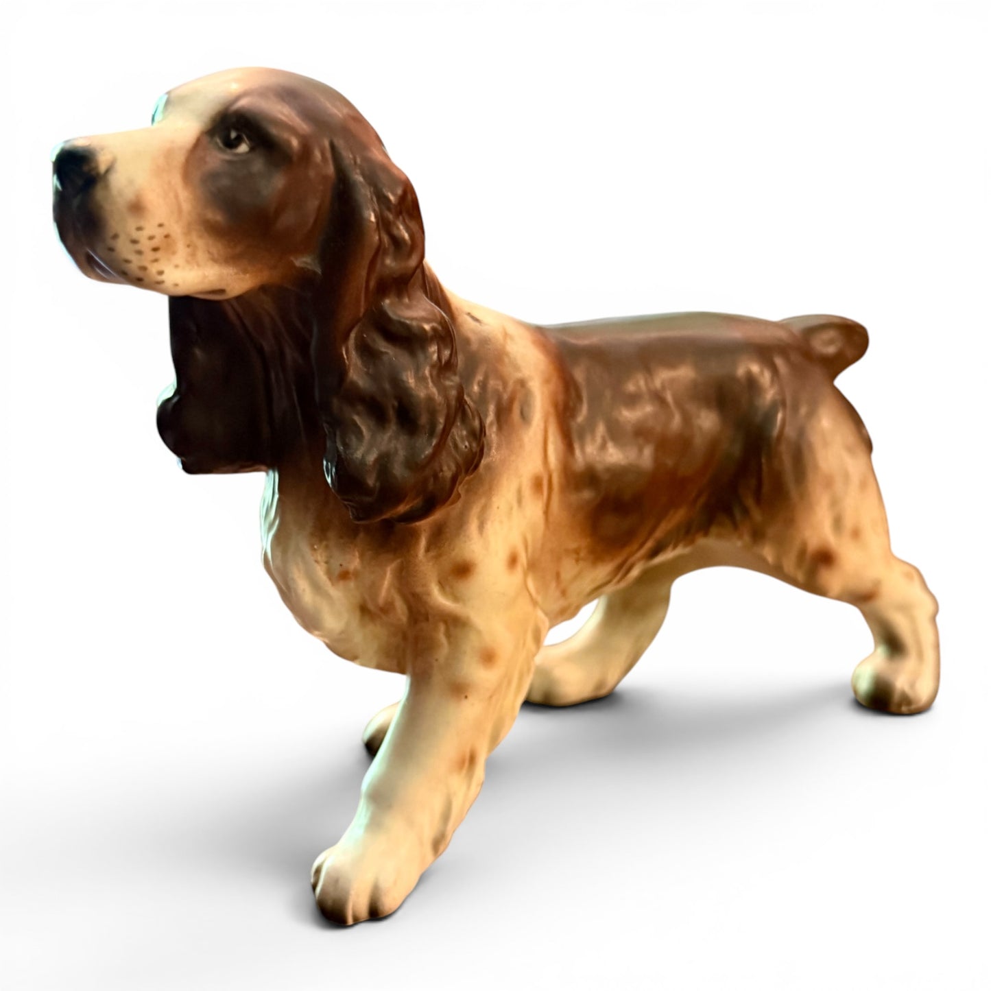 Antique Sporting Dog Vignette Set - Gilt Framed Hunting Spaniels Print & Porcelain Cocker Spaniel Figurine