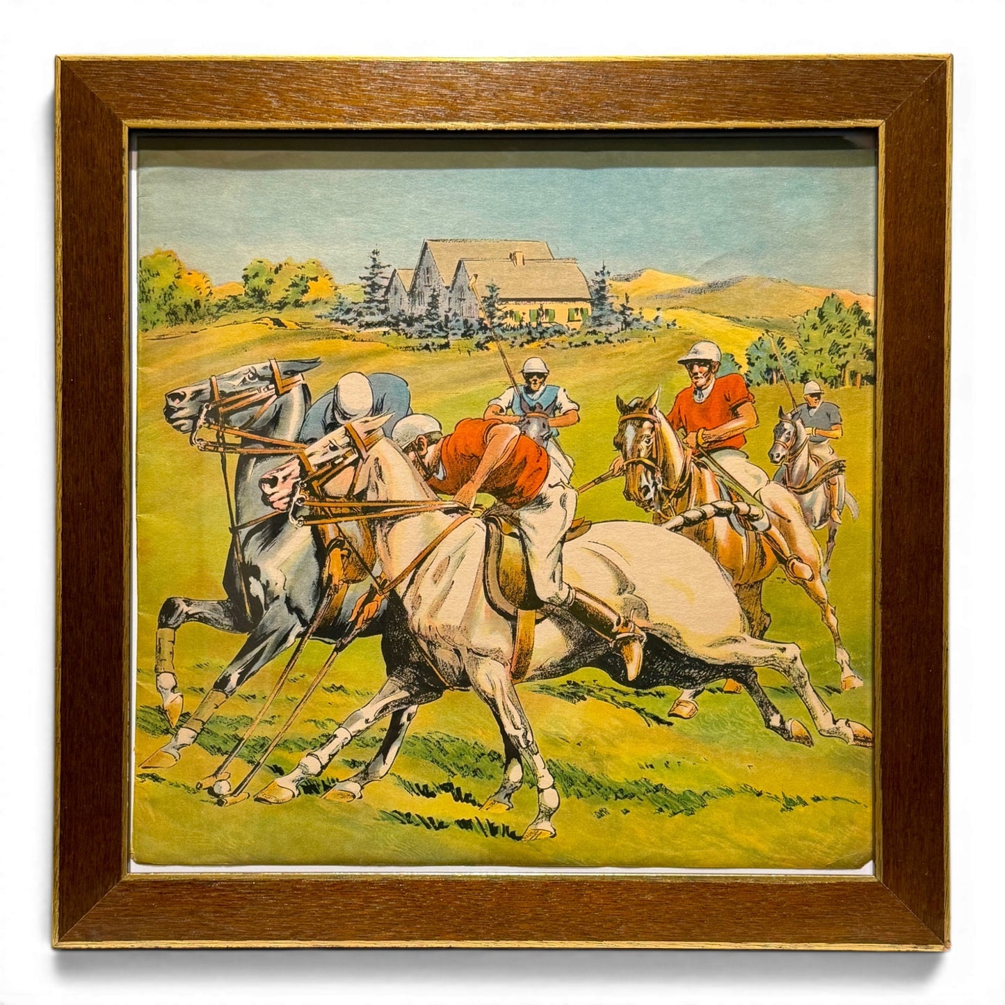 Vintage 1938 Otto Brennemann Polo Match Lithograph in Wood Frame Under Glass