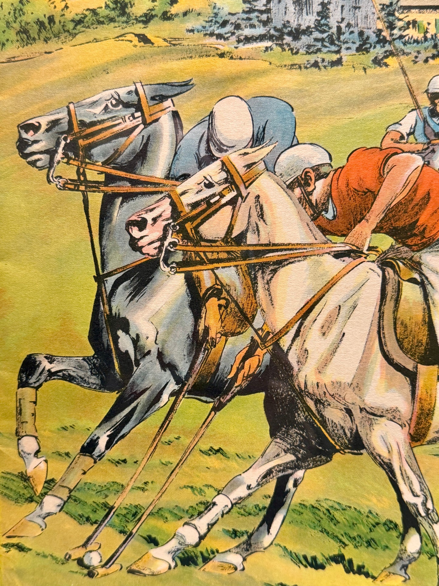 Vintage 1938 Otto Brennemann Polo Match Lithograph in Wood Frame Under Glass