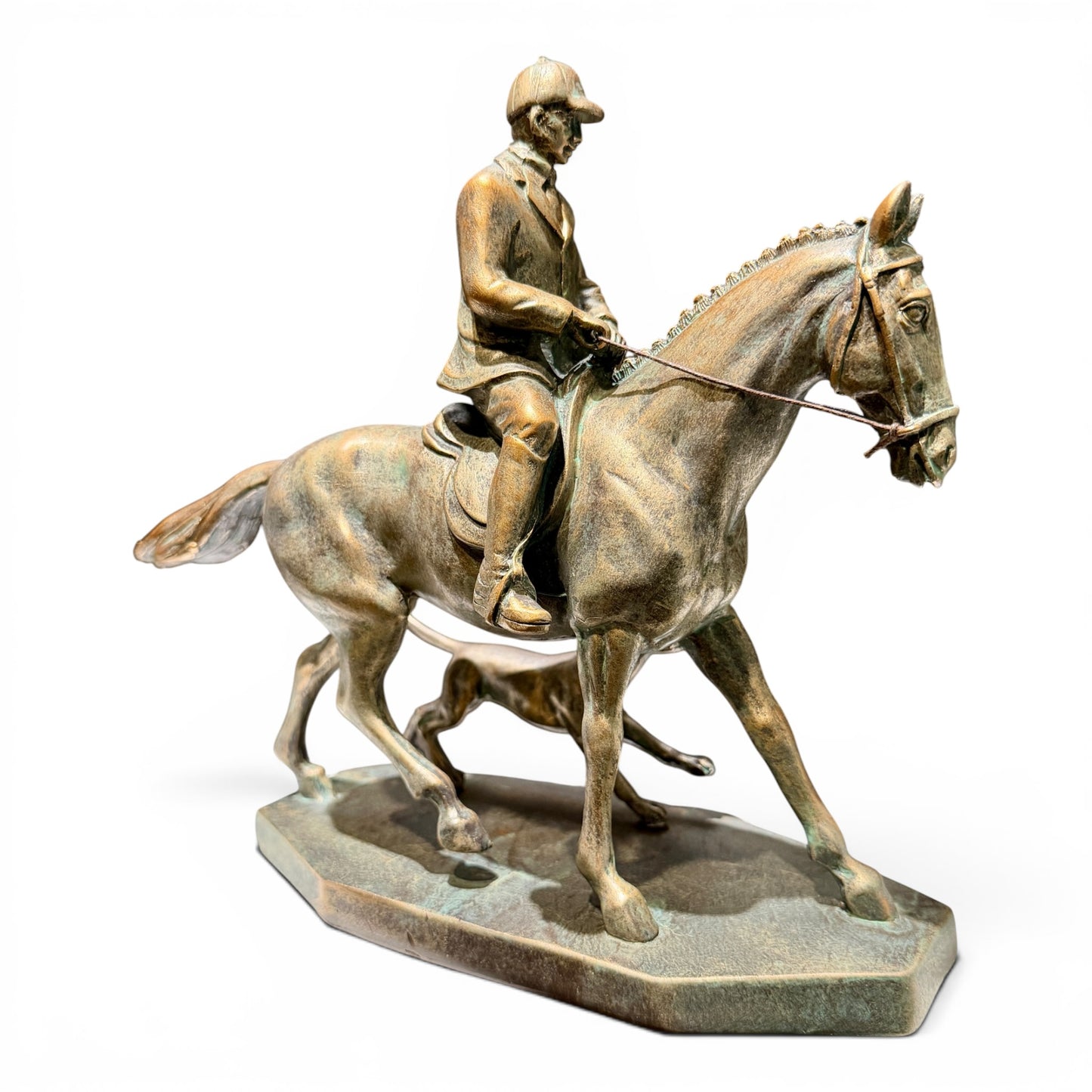 Vintage Equestrian Horse, Rider, & Hound Sculpture