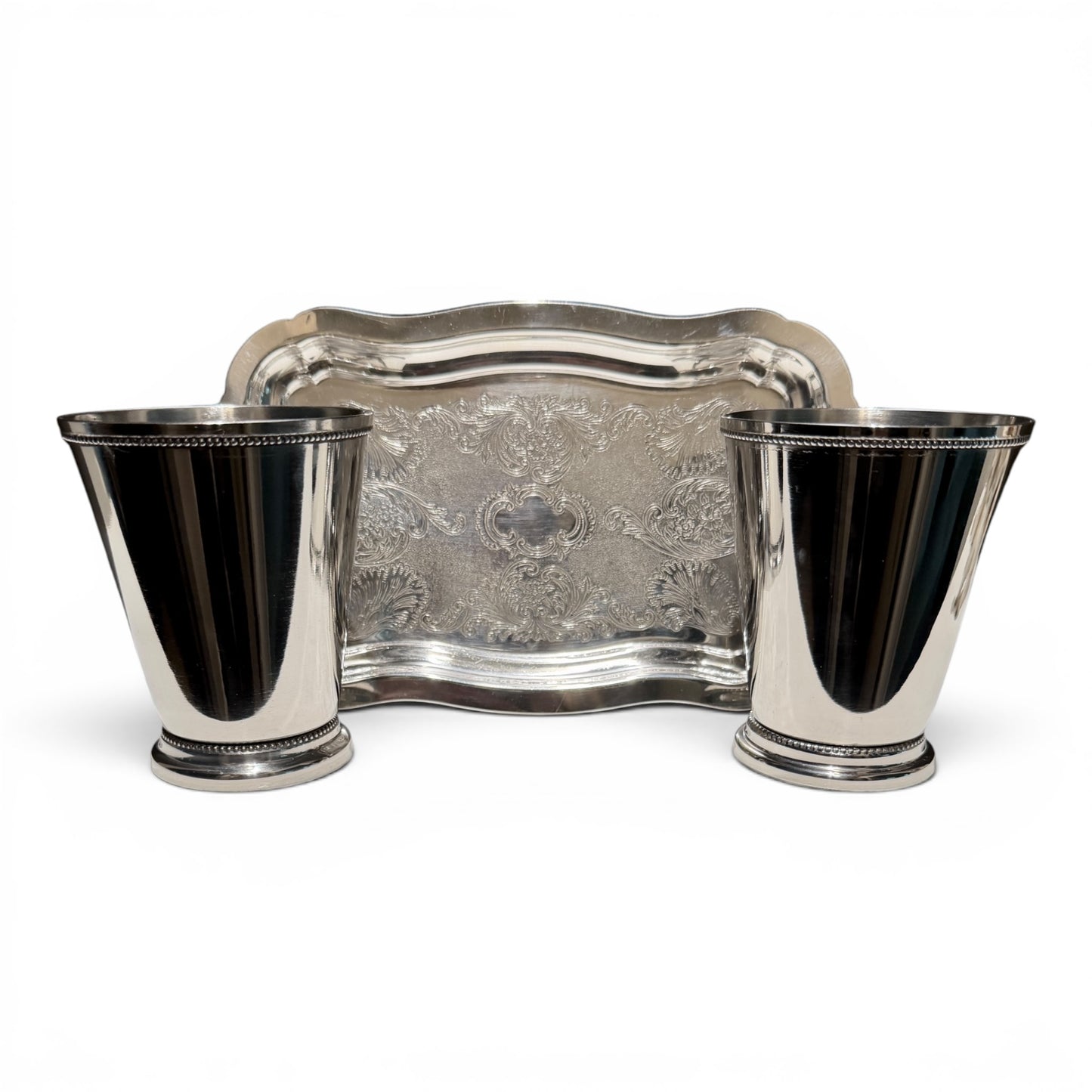 Curated Vintage Silver Julep Cup & Cheshire Silver-Plate Tray Set