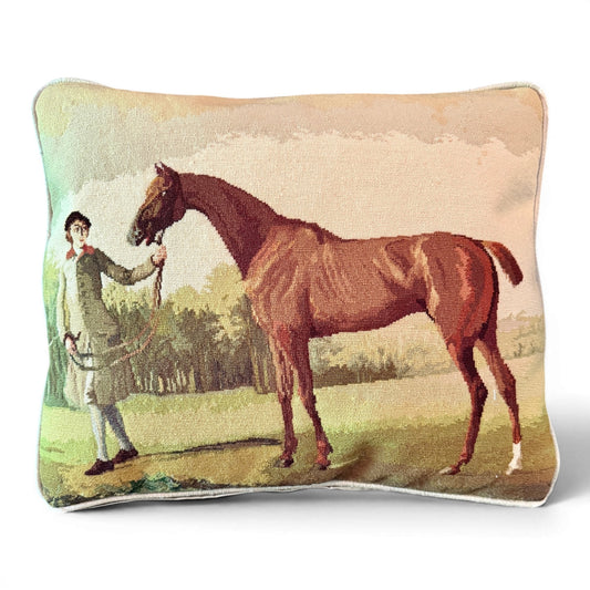 Vintage Maitland-Smith Racehorse Needlepoint Pillow with Shantung Silk Backing