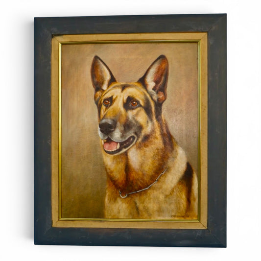 Vintage Framed Alsatian German Shepherd Original Oil Painting on Canvas - Signed