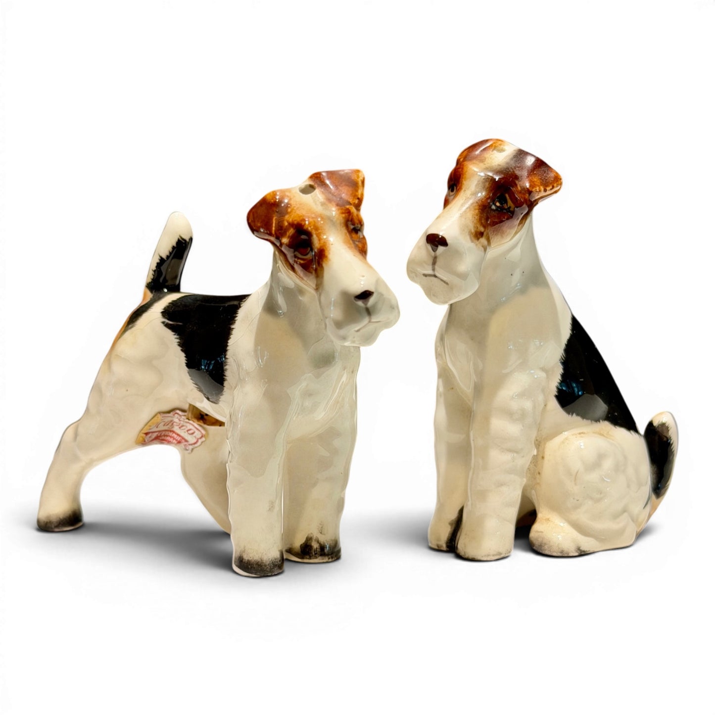 Antique Porcelain Fox Terrier Salt & Pepper Shaker Figurines