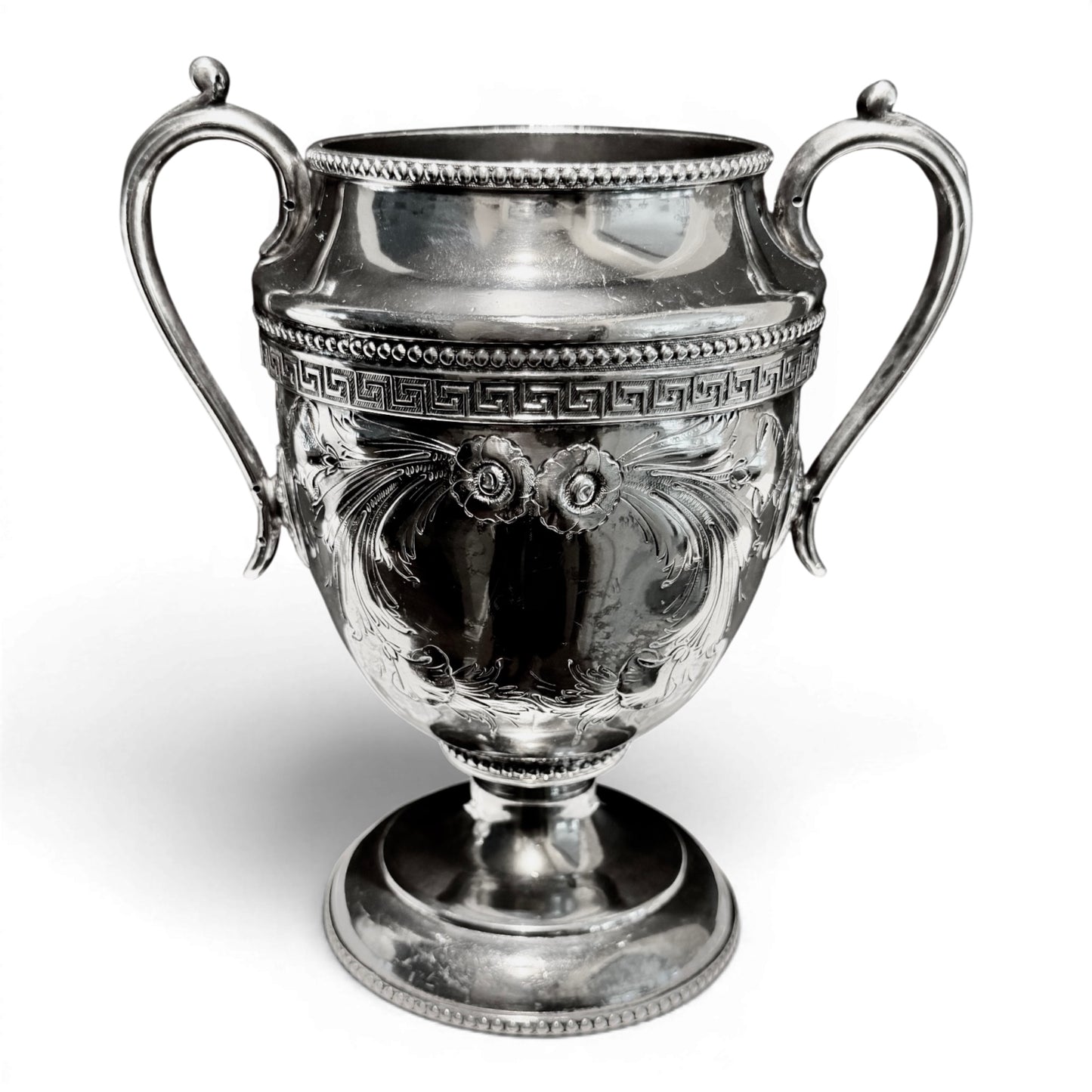Large Antique Silver Trophy Cup with Greek Key Detail