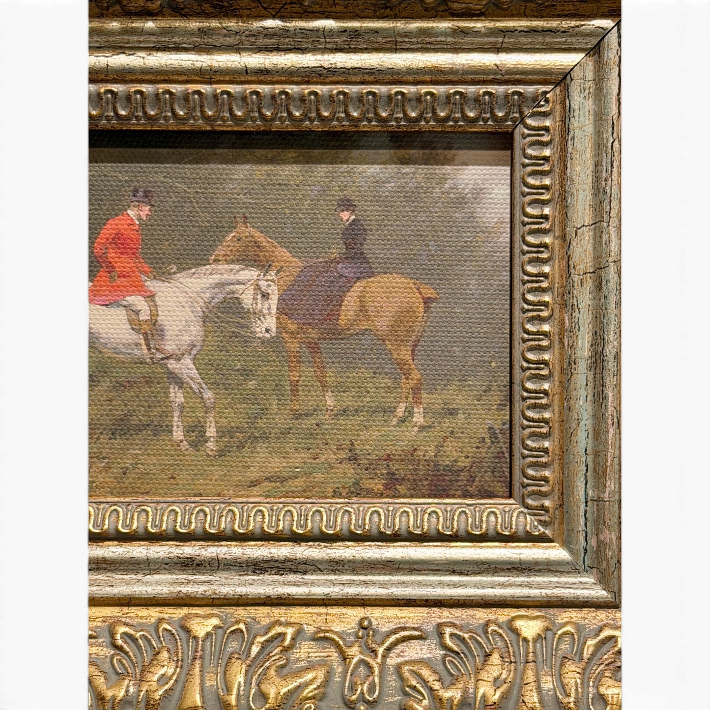 Vintage Equestrian Hunt Scene Canvas Print in Ornate Gilt Toned Frame