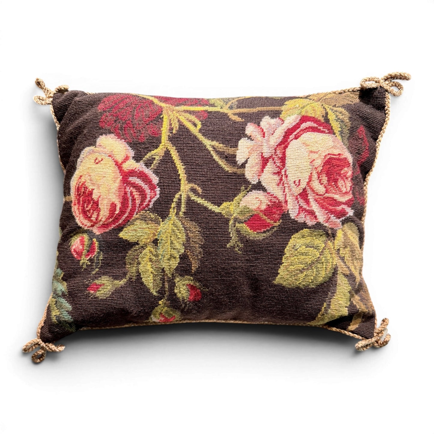 Vintage Aubusson Style Pink Rose Needlepoint Lumbar Pillow | Chocolate Brown Floral Wool Pillow